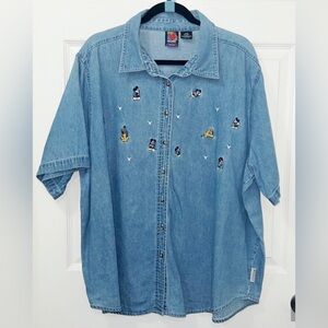 Vintage Mickey Mouse Disney Embroidered Botton Down Denim Shirt Size 22 W